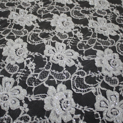 Haute Couture French Lace | Bridal All-Over Embroidered Lace with Seed Beads, Pearls, Floral Motifs, Paisley Scrolls & Double Scallop | FRI3710