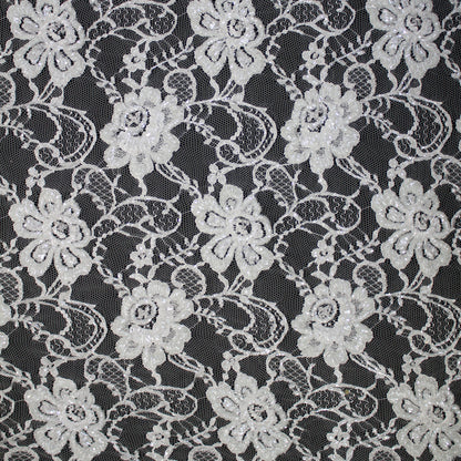 Haute Couture French Lace | Bridal All-Over Embroidered Lace with Seed Beads, Pearls, Floral Motifs, Paisley Scrolls & Double Scallop | FRI3710