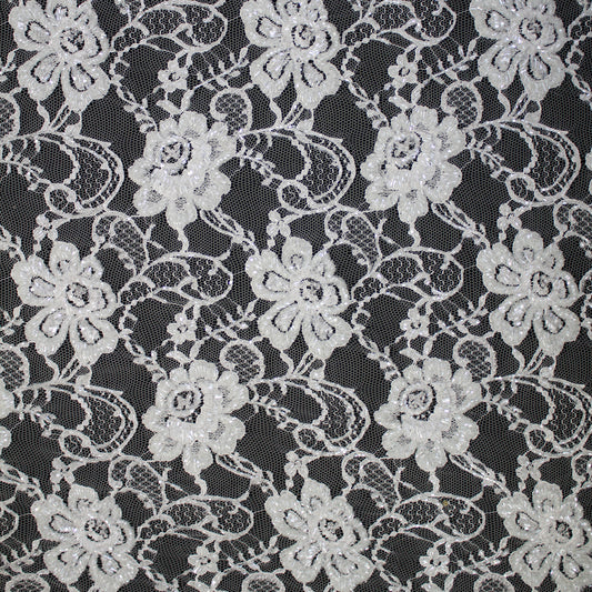 Pizzo Francese Alta Moda | Pizzo Ricamato Sposa a Campo Pieno con Corallini, Perline, Motivo Floreale, Paisley e Doppio Smerlo | FRI3710