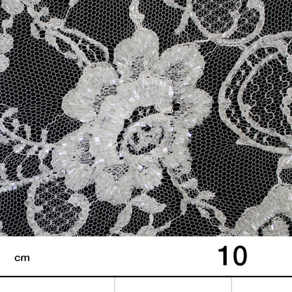 Haute Couture French Lace | Bridal All-Over Embroidered Lace with Seed Beads, Pearls, Floral Motifs, Paisley Scrolls & Double Scallop | FRI3710