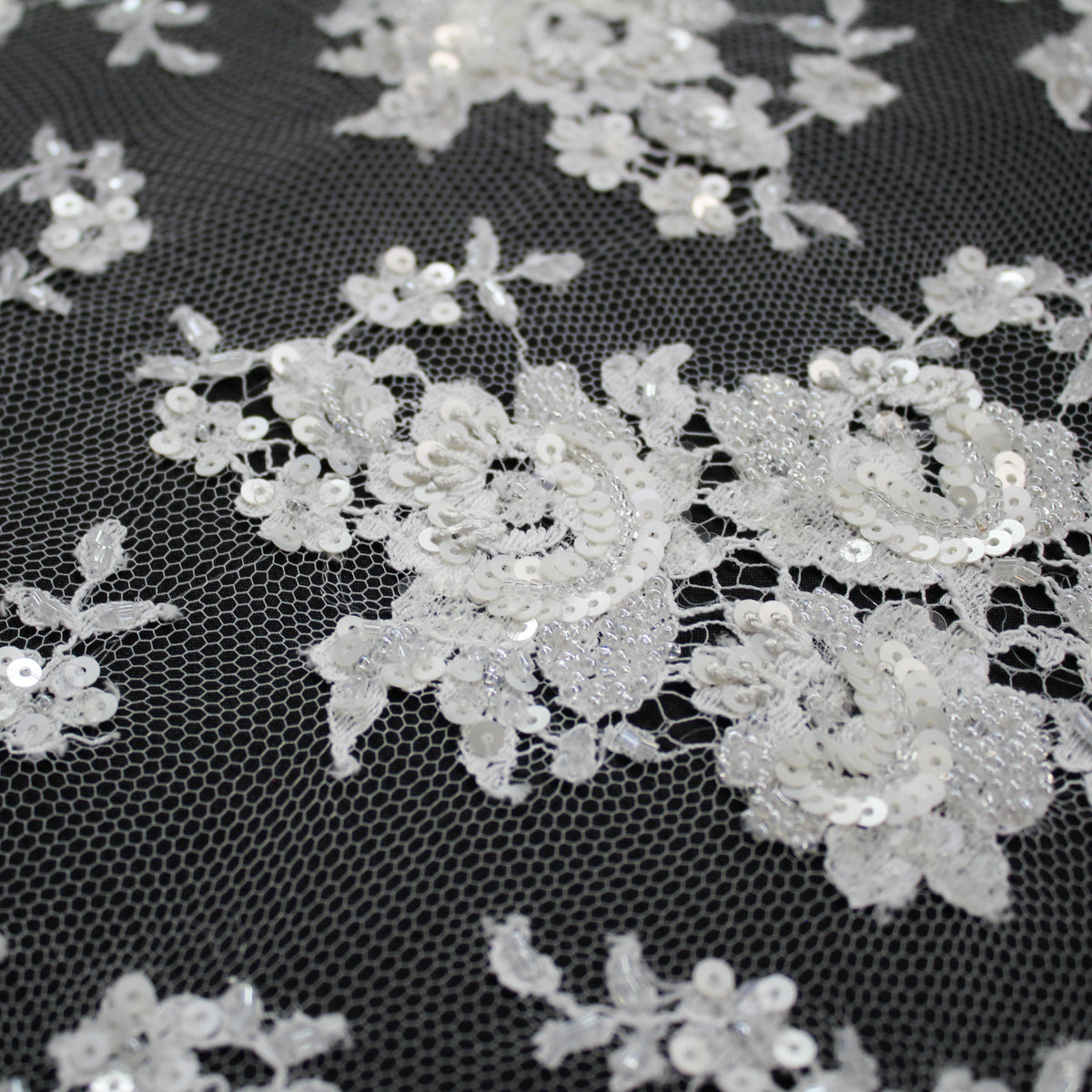 Haute Couture French Lace | Bridal All-Over Embroidered Lace with Sequins, Seed Beads, Floral Bouquets & Double Border | FRI2031