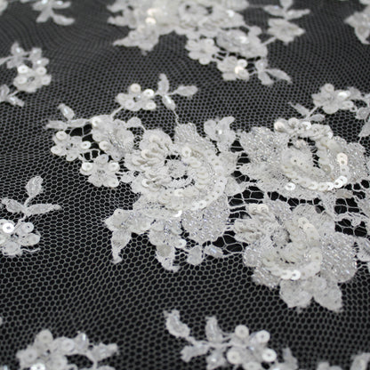 Haute Couture French Lace | Bridal All-Over Embroidered Lace with Sequins, Seed Beads, Floral Bouquets & Double Border | FRI2031