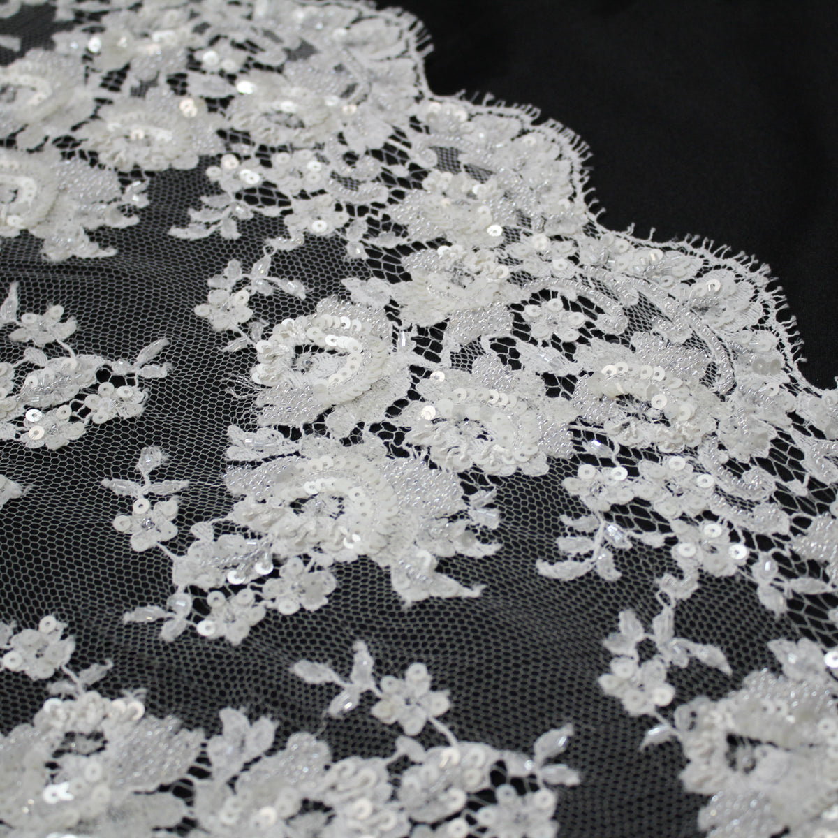 Haute Couture French Lace | Bridal All-Over Embroidered Lace with Sequins, Seed Beads, Floral Bouquets & Double Border | FRI2031