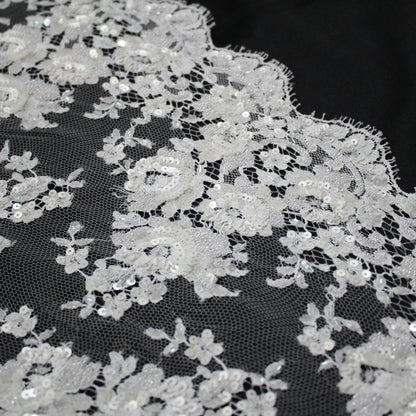 Haute Couture French Lace | Bridal All-Over Embroidered Lace with Sequins, Seed Beads, Floral Bouquets & Double Border | FRI2031
