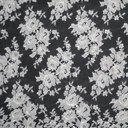 Pizzo Francese Alta Moda | Pizzo Ricamato Sposa a Campo Pieno con Paillettes, Corallini, Mazzi di Fiori e Doppio Bordo | FRI2031
