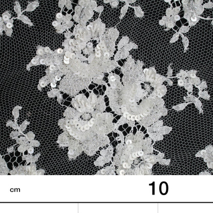 Haute Couture French Lace | Bridal All-Over Embroidered Lace with Sequins, Seed Beads, Floral Bouquets & Double Border | FRI2031