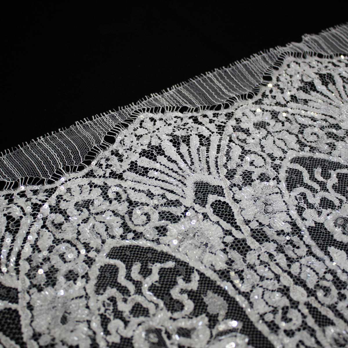 Haute Couture French Lace | Bridal All-Over Embroidered Lace with Sequins, Seed Beads, Arabesque Scrolls, Leaf Crowns & Double Border | FRI2741/L