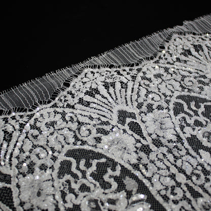 Haute Couture French Lace | Bridal All-Over Embroidered Lace with Sequins, Seed Beads, Arabesque Scrolls, Leaf Crowns & Double Border | FRI2741/L