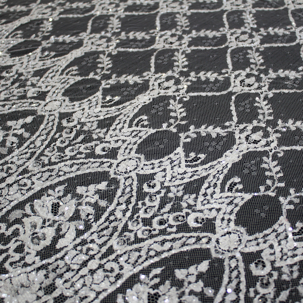 Haute Couture French Lace | Bridal All-Over Embroidered Lace with Sequins, Seed Beads, Arabesque Scrolls, Leaf Crowns & Double Border | FRI2741/L