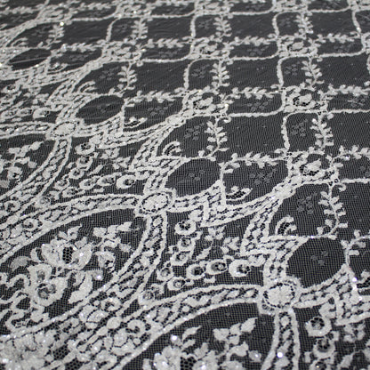 Haute Couture French Lace | Bridal All-Over Embroidered Lace with Sequins, Seed Beads, Arabesque Scrolls, Leaf Crowns & Double Border | FRI2741/L