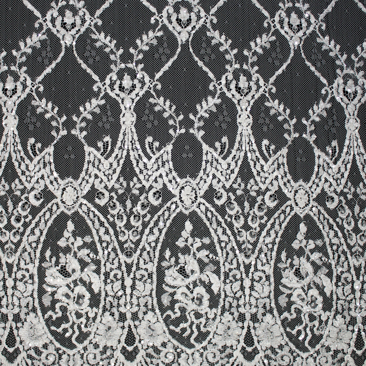 Haute Couture French Lace | Bridal All-Over Embroidered Lace with Sequins, Seed Beads, Arabesque Scrolls, Leaf Crowns & Double Border | FRI2741/L