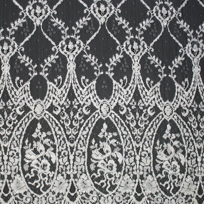 Haute Couture French Lace | Bridal All-Over Embroidered Lace with Sequins, Seed Beads, Arabesque Scrolls, Leaf Crowns & Double Border | FRI2741/L