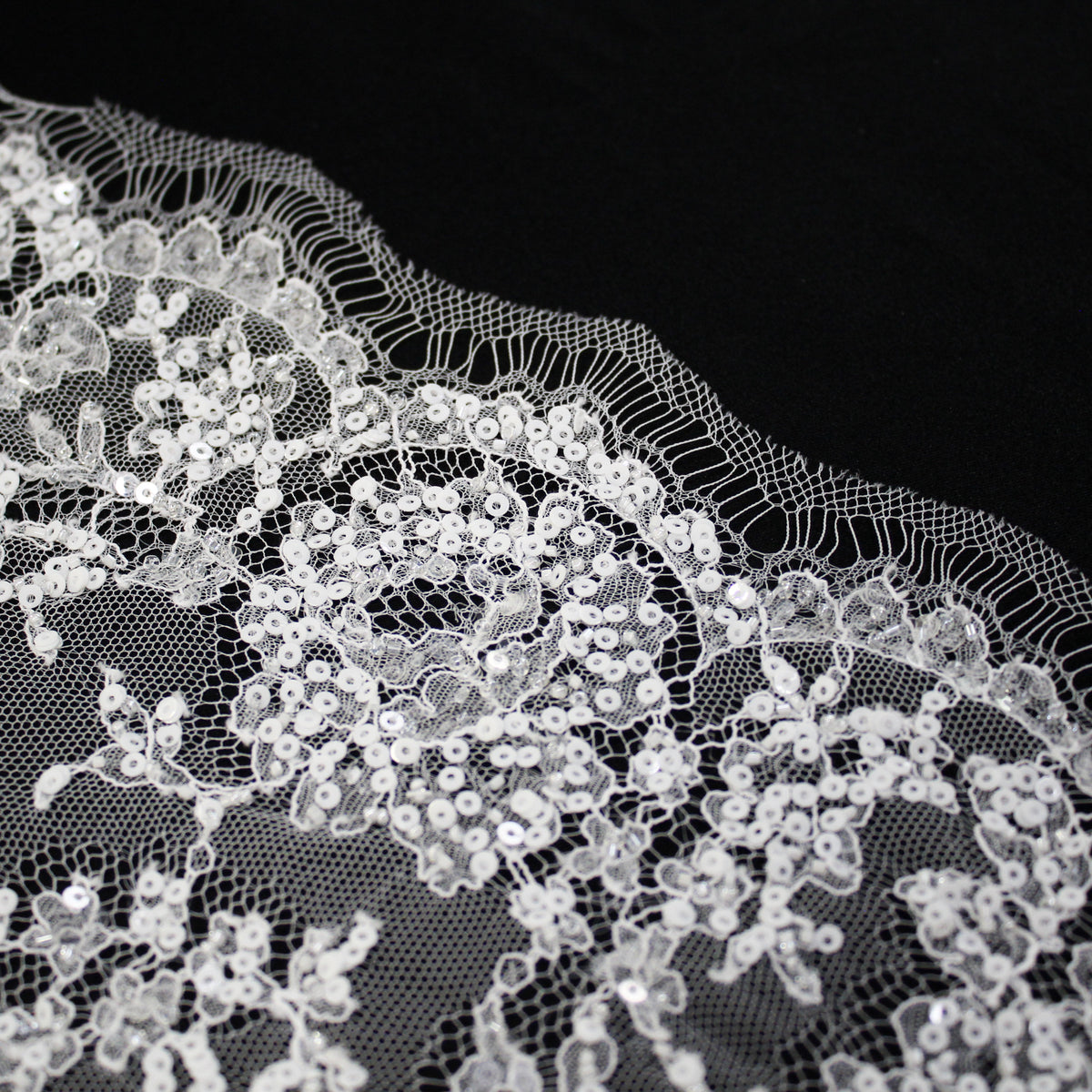 Haute Couture French Lace | Bridal All-Over Embroidered Lace with Sequins, Seed Beads, Floral Motifs & Double Border | FRI3653