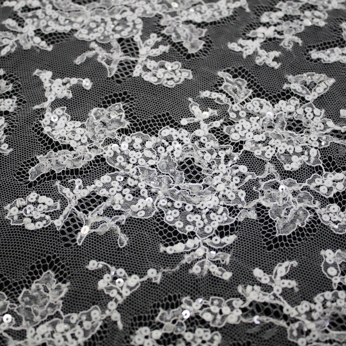 Haute Couture French Lace | Bridal All-Over Embroidered Lace with Sequins, Seed Beads, Floral Motifs & Double Border | FRI3653