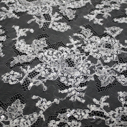 Haute Couture French Lace | Bridal All-Over Embroidered Lace with Sequins, Seed Beads, Floral Motifs & Double Border | FRI3653