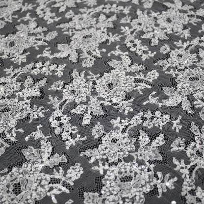 Haute Couture French Lace | Bridal All-Over Embroidered Lace with Sequins, Seed Beads, Floral Motifs & Double Border | FRI3653