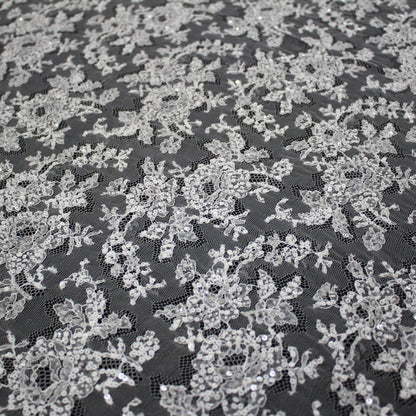 Haute Couture French Lace | Bridal All-Over Embroidered Lace with Sequins, Seed Beads, Floral Motifs & Double Border | FRI3653