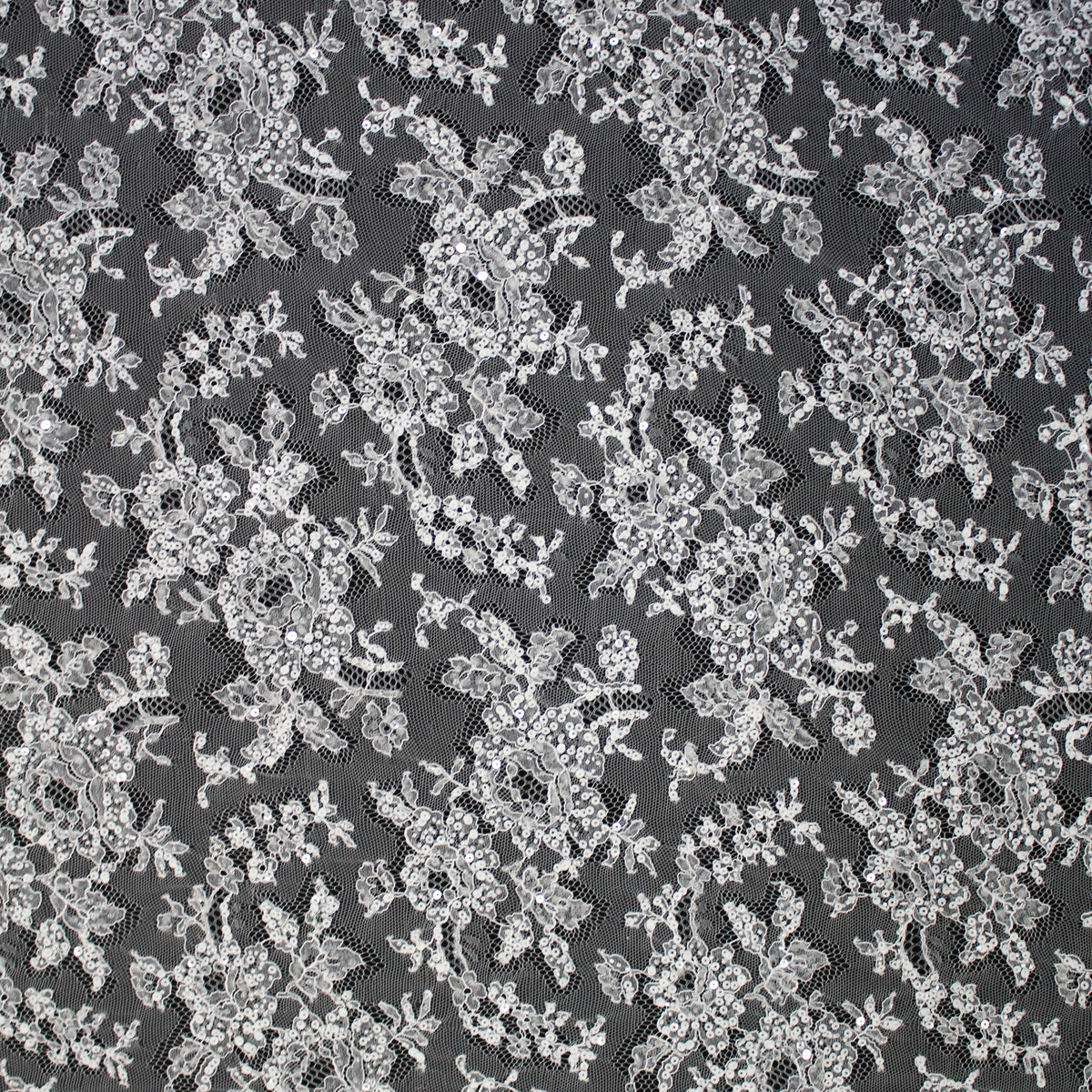 Haute Couture French Lace | Bridal All-Over Embroidered Lace with Sequins, Seed Beads, Floral Motifs & Double Border | FRI3653