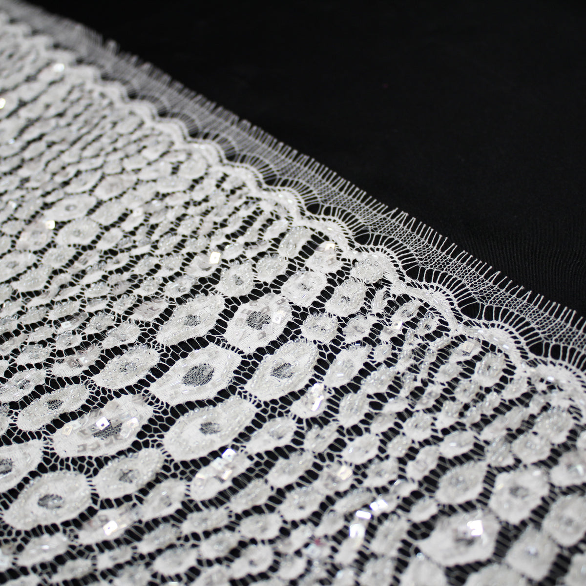 Haute Couture French Lace | Bridal All-Over Embroidered Lace with Sequins, Seed Beads, Animalier Spots, Reptilian Scale Motifs & Double Scallop | FRI3534