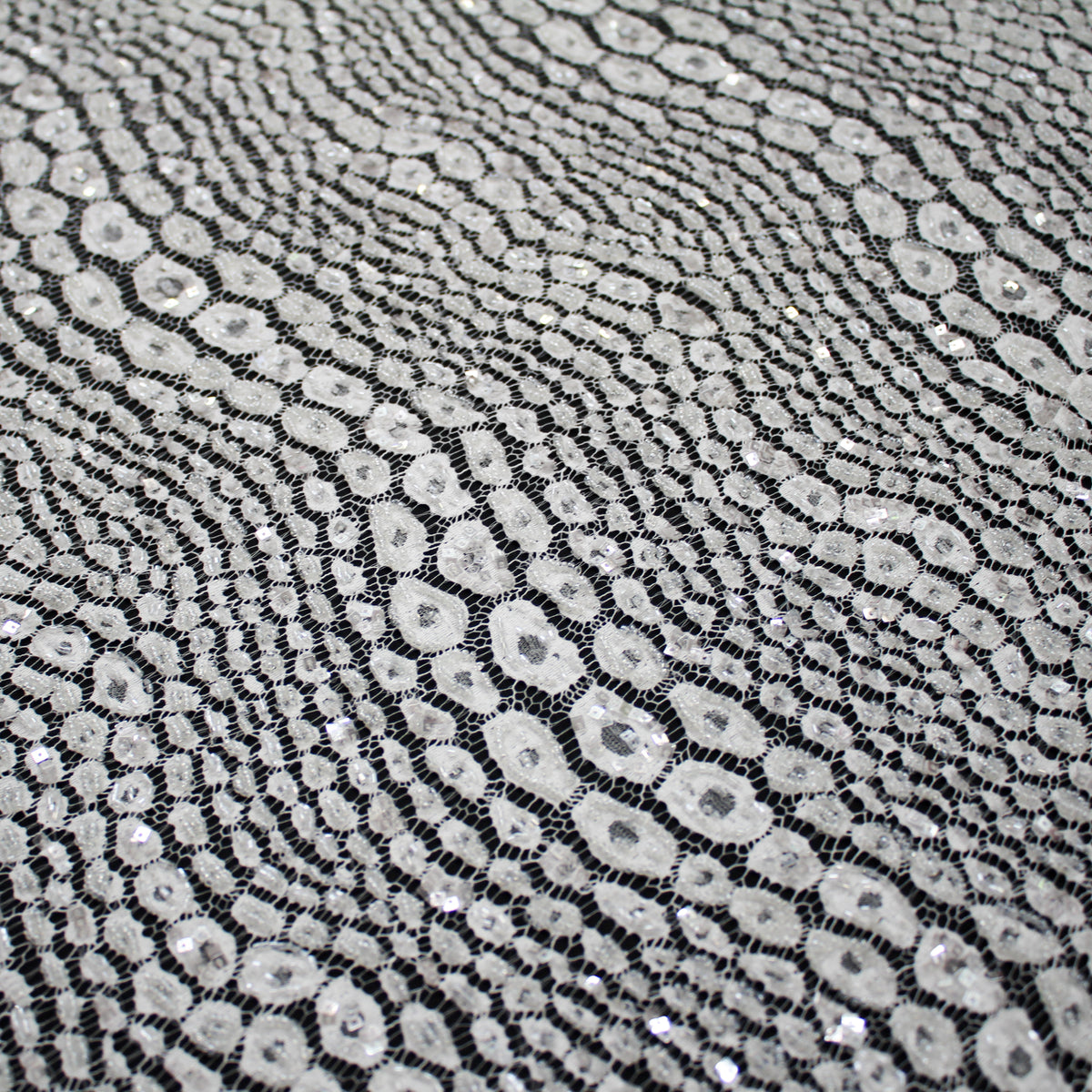 Haute Couture French Lace | Bridal All-Over Embroidered Lace with Sequins, Seed Beads, Animalier Spots, Reptilian Scale Motifs & Double Scallop | FRI3534