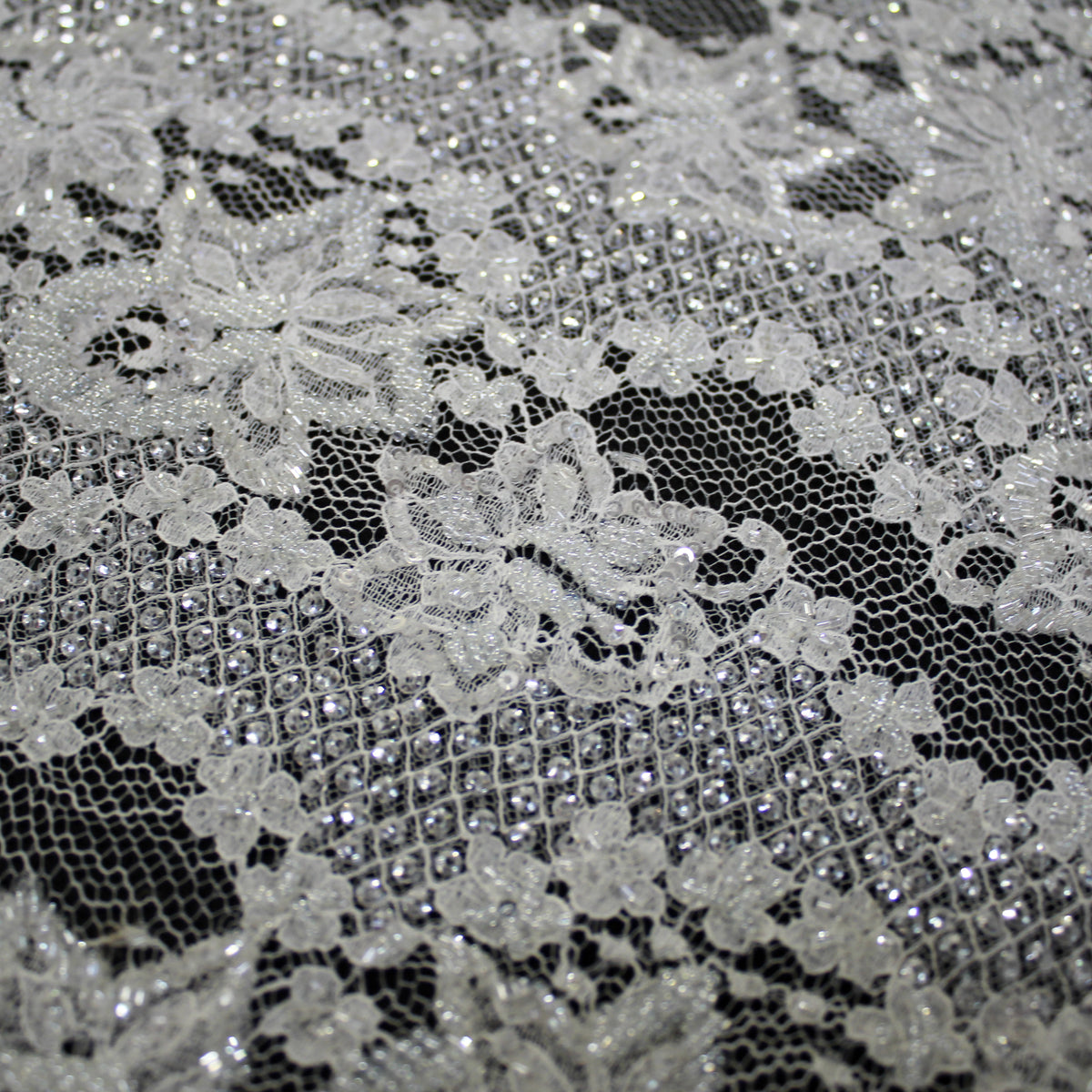 Haute Couture French Lace | Bridal All-Over Embroidered Lace with Sequins, Seed Beads, Sinuous Floral Sprays & Double Border | FRI2632