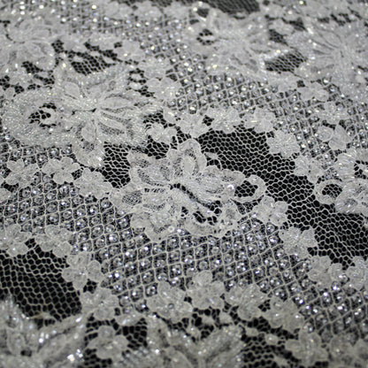 Haute Couture French Lace | Bridal All-Over Embroidered Lace with Sequins, Seed Beads, Sinuous Floral Sprays & Double Border | FRI2632