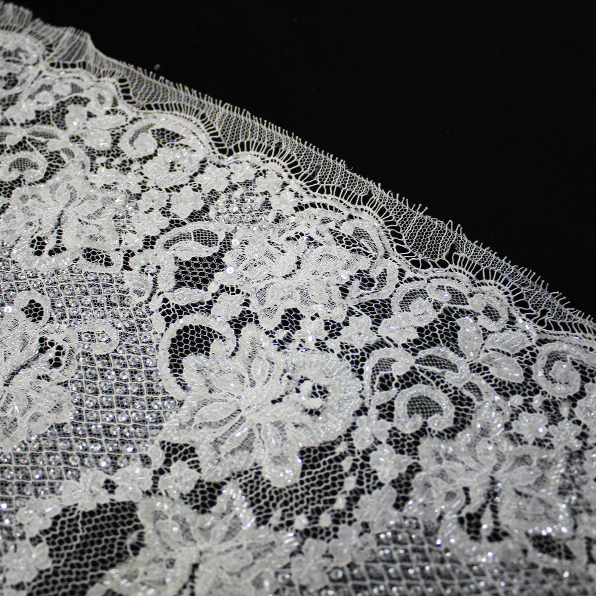 Haute Couture French Lace | Bridal All-Over Embroidered Lace with Sequins, Seed Beads, Sinuous Floral Sprays & Double Border | FRI2632