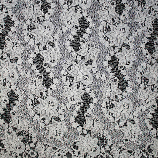 Pizzo Francese Alta Moda | Pizzo Ricamato Sposa a Campo Pieno con Paillettes, Corallini, Ramage Sinuoso Floreale e Doppio Bordo | FRI2632