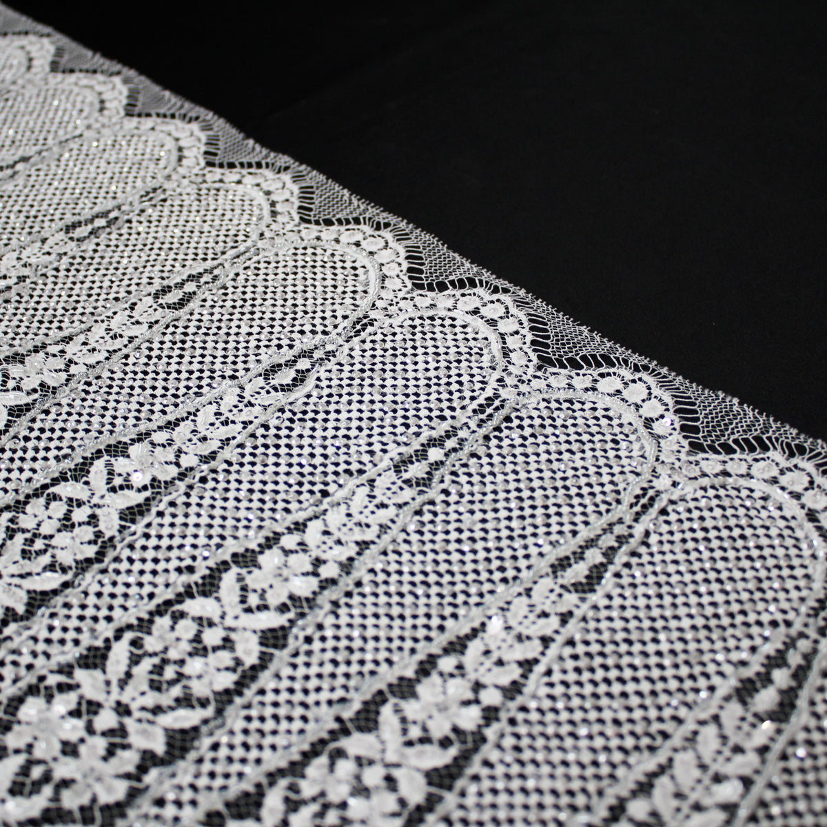 Haute Couture French Lace | Bridal All-Over Embroidered Lace with Sequins, Pearls, Seed Beads, Art Nouveau Fans, Floral Details & Single Border | FRI2801