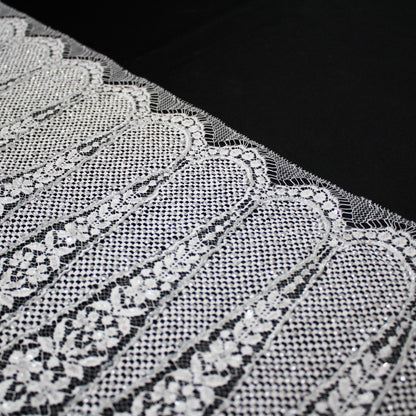 Haute Couture French Lace | Bridal All-Over Embroidered Lace with Sequins, Pearls, Seed Beads, Art Nouveau Fans, Floral Details & Single Border | FRI2801