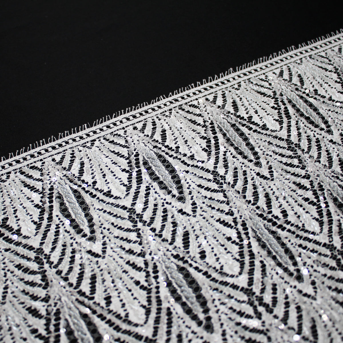 Haute Couture French Lace | Bridal All-Over Embroidered Lace with Sequins, Pearls, Seed Beads, Art Nouveau Fans, Floral Details & Single Border | FRI2801
