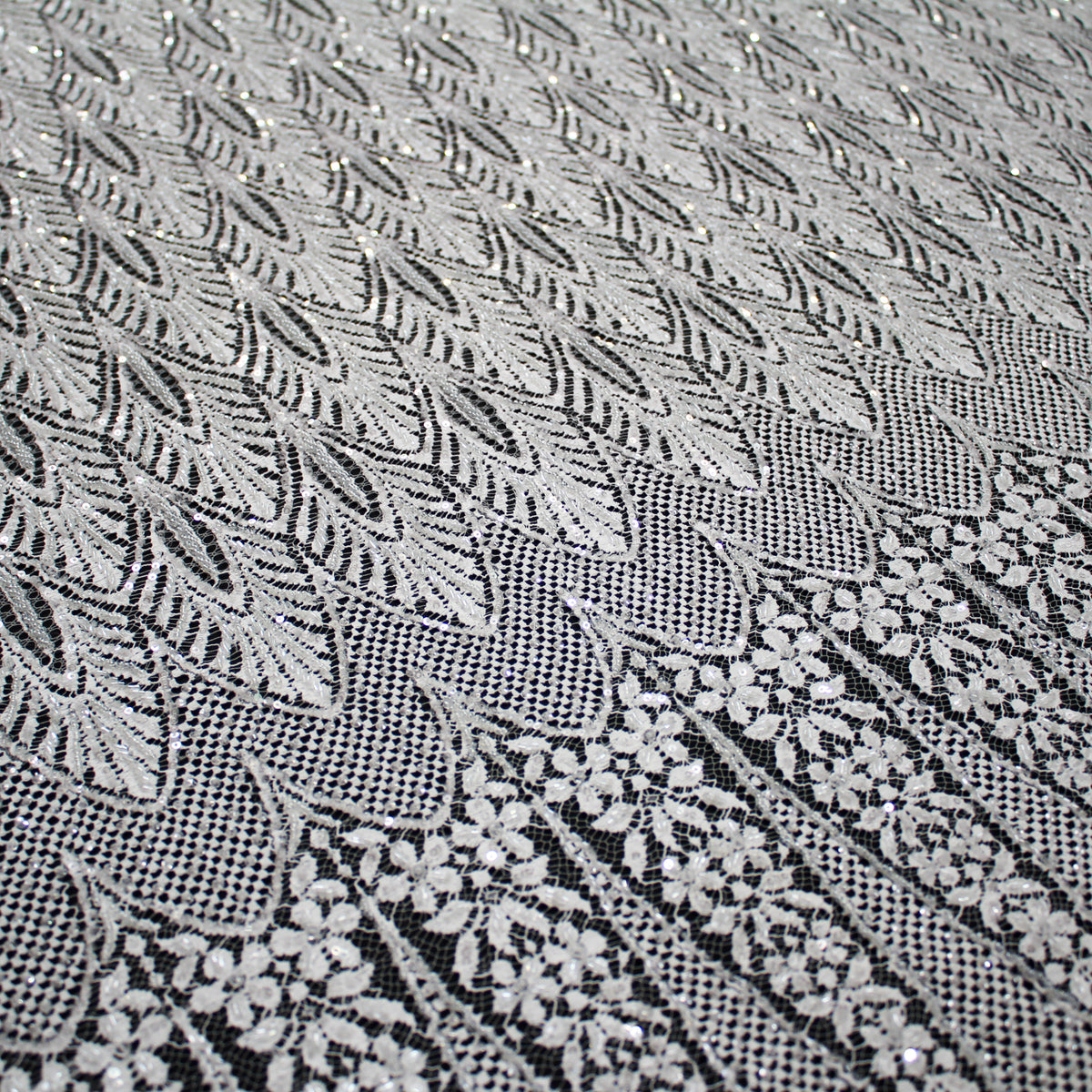 Haute Couture French Lace | Bridal All-Over Embroidered Lace with Sequins, Pearls, Seed Beads, Art Nouveau Fans, Floral Details & Single Border | FRI2801