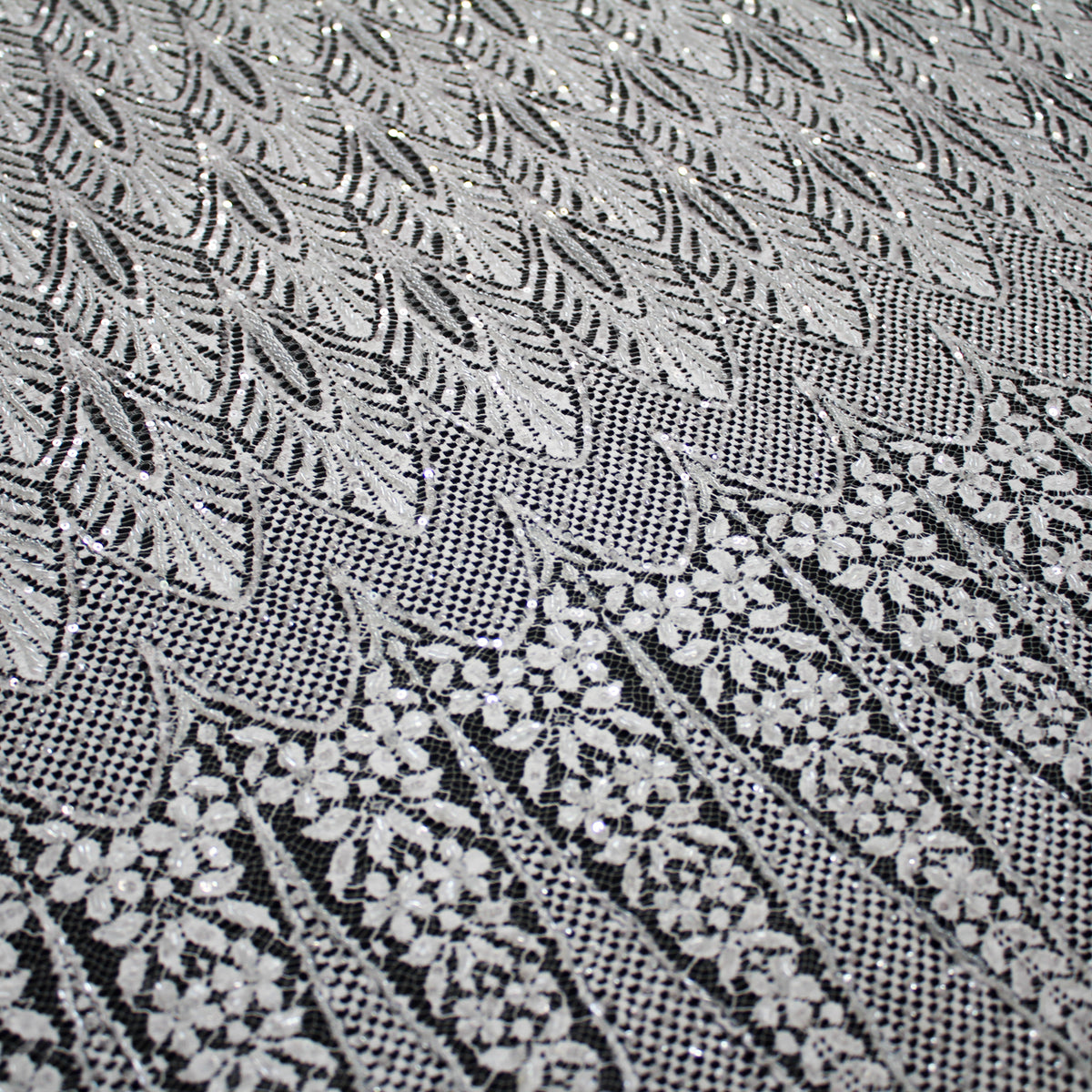 Haute Couture French Lace | Bridal All-Over Embroidered Lace with Sequins, Pearls, Seed Beads, Art Nouveau Fans, Floral Details & Single Border | FRI2801
