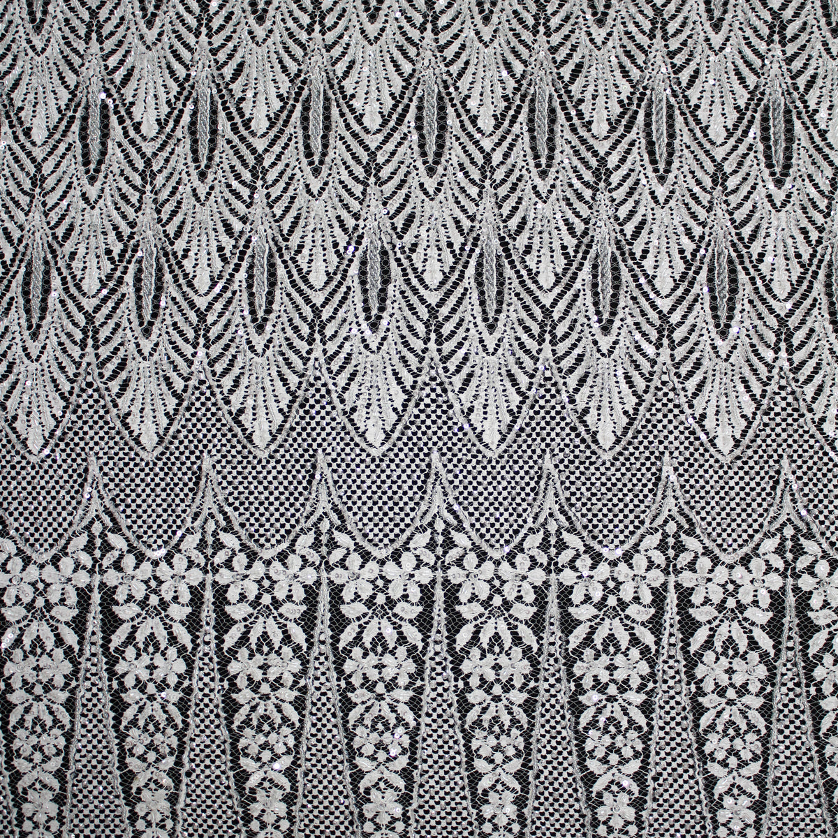 Haute Couture French Lace | Bridal All-Over Embroidered Lace with Sequins, Pearls, Seed Beads, Art Nouveau Fans, Floral Details & Single Border | FRI2801