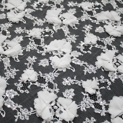 Pizzo Francese Alta Moda | Pizzo Ricamato Sposa a Campo Pieno con Paillettes, Perline, Strass, Motivo Coppie di Fiori, Paisley e Doppio Smerlo | FRI3521