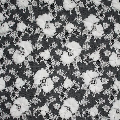 Pizzo Francese Alta Moda | Pizzo Ricamato Sposa a Campo Pieno con Paillettes, Perline, Strass, Motivo Coppie di Fiori, Paisley e Doppio Smerlo | FRI3521