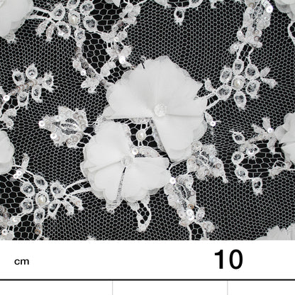 Pizzo Francese Alta Moda | Pizzo Ricamato Sposa a Campo Pieno con Paillettes, Perline, Strass, Motivo Coppie di Fiori, Paisley e Doppio Smerlo | FRI3521