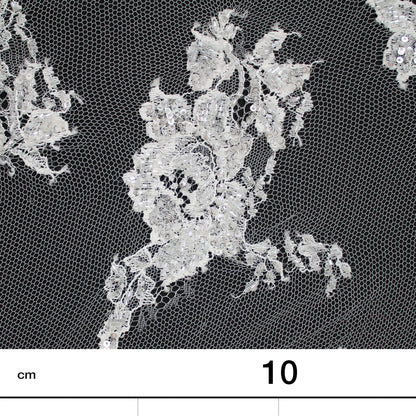 Haute Couture French Lace | Bridal All-Over Embroidered Lace with Pearls, Sequins, Scattered Single Roses & Double Arabesque Floral Scallop | FRI1996