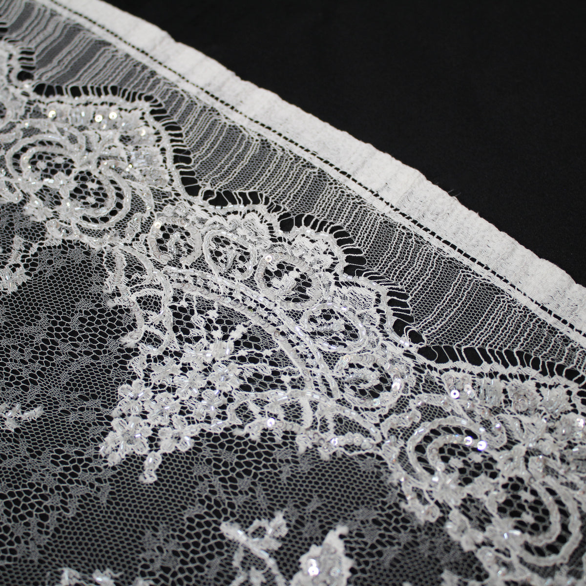 Haute Couture French Lace | Bridal All-Over Embroidered Lace with Pearls, Sequins, Scattered Single Roses & Double Arabesque Floral Scallop | FRI1996