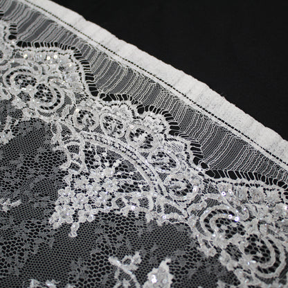 Haute Couture French Lace | Bridal All-Over Embroidered Lace with Pearls, Sequins, Scattered Single Roses & Double Arabesque Floral Scallop | FRI1996