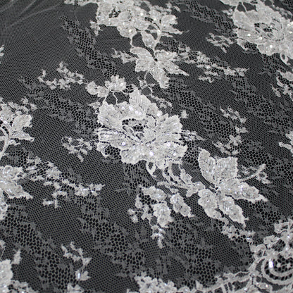 Haute Couture French Lace | Bridal All-Over Embroidered Lace with Pearls, Sequins, Scattered Single Roses & Double Arabesque Floral Scallop | FRI1996
