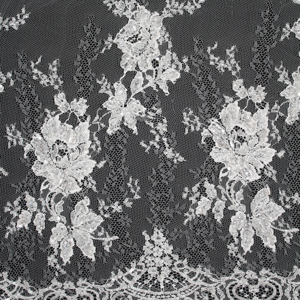 Haute Couture French Lace | Bridal All-Over Embroidered Lace with Pearls, Sequins, Scattered Single Roses & Double Arabesque Floral Scallop | FRI1996
