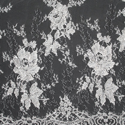 Haute Couture French Lace | Bridal All-Over Embroidered Lace with Pearls, Sequins, Scattered Single Roses & Double Arabesque Floral Scallop | FRI1996