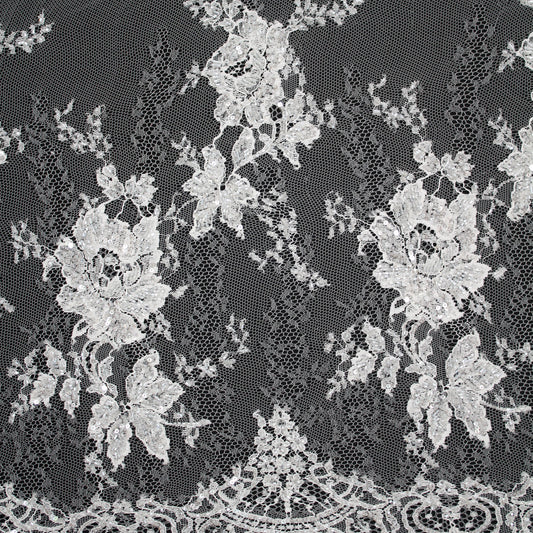 Pizzo Francese Alta Moda | Pizzo Ricamato Sposa a Campo Pieno con Perline, Paillettes, Rose Sparse e Doppio Smerlo Arabesco e Floreale | FRI1996