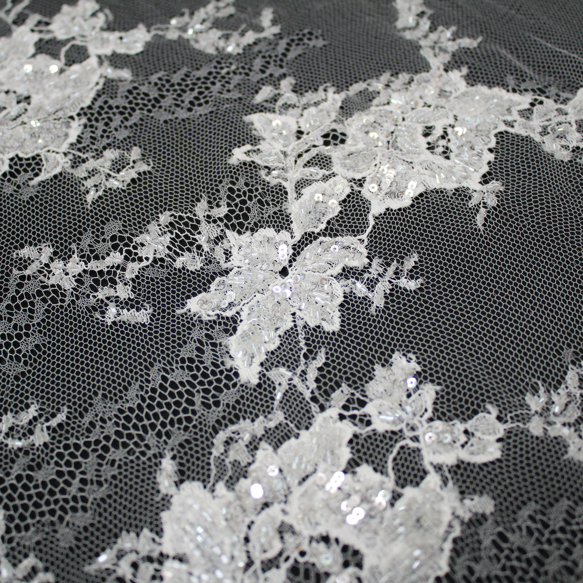 Haute Couture French Lace | Bridal All-Over Embroidered Lace with Pearls, Sequins, Scattered Single Roses & Double Arabesque Floral Scallop | FRI1996