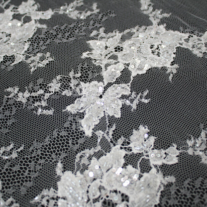Haute Couture French Lace | Bridal All-Over Embroidered Lace with Pearls, Sequins, Scattered Single Roses & Double Arabesque Floral Scallop | FRI1996
