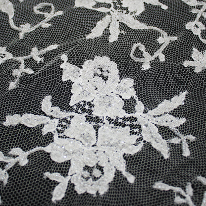 Haute Couture French Lace | Bridal All-Over Embroidered Lace with Floral Sprays, Paisley, Bouquets & Double Border | FRI1343
