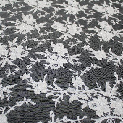 Haute Couture French Lace | Bridal All-Over Embroidered Lace with Floral Sprays, Paisley, Bouquets & Double Border | FRI1343