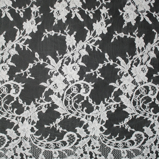 Pizzo Francese Alta Moda | Pizzo Ricamato Sposa a Campo Pieno con Ramage Floreale, Paisley, Mazzi di Fiori e Doppio Bordo | FRI1343