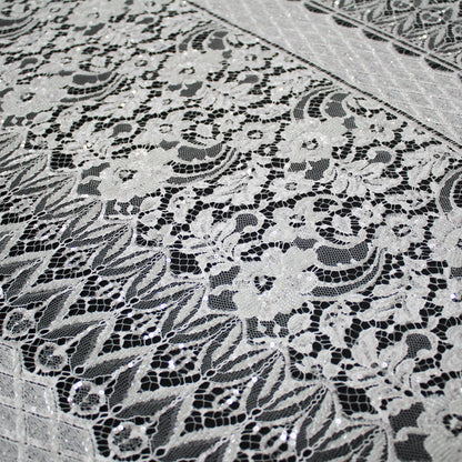 Pizzo Francese Alta Moda | Pizzo Ricamato Sposa con Corallini, Paillettes, Bande Orizzontali Alternate, Motivo Floreale e Doppio Bordo | FRI2765